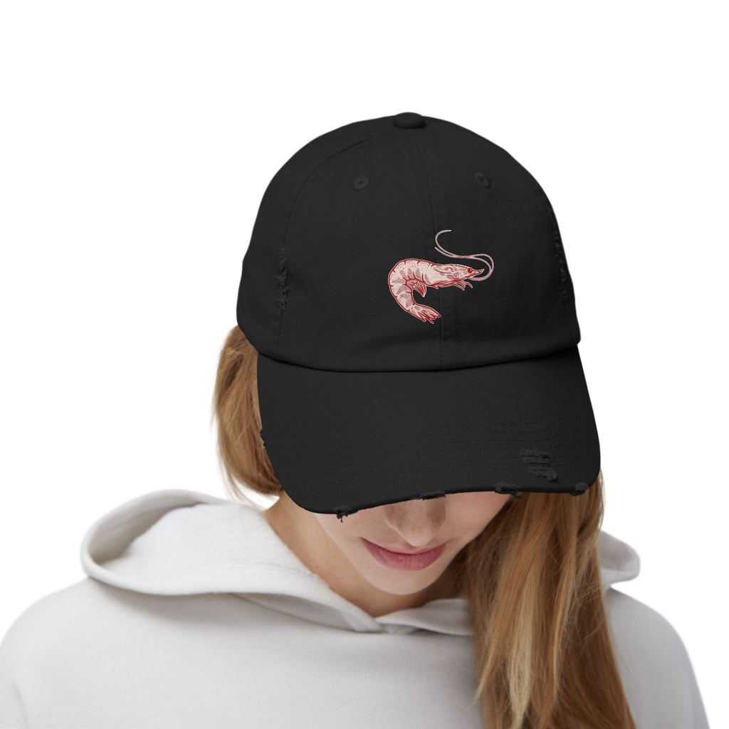 Stylish Unisex Distressed Cap with Shrimp Design, Seafood Lover Gift, Casual Wear, Beach Accessories, Fun Summer Style