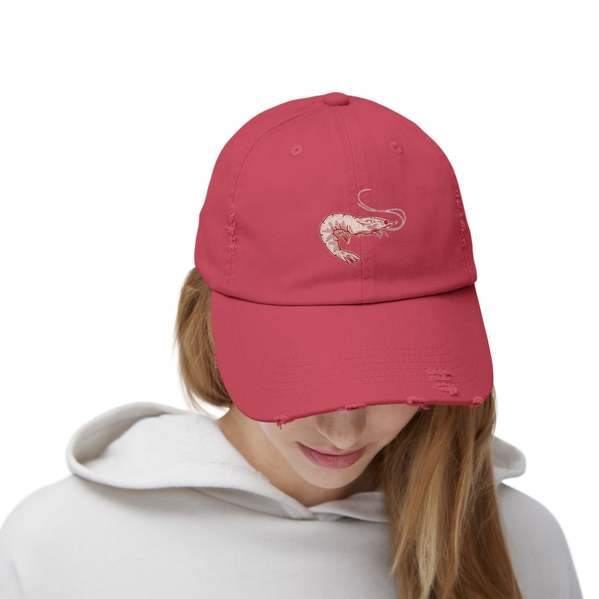 Stylish Unisex Distressed Cap with Shrimp Design, Seafood Lover Gift, Casual Wear, Beach Accessories, Fun Summer Style