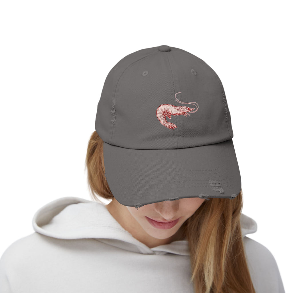 Stylish Unisex Distressed Cap with Shrimp Design, Seafood Lover Gift, Casual Wear, Beach Accessories, Fun Summer Style