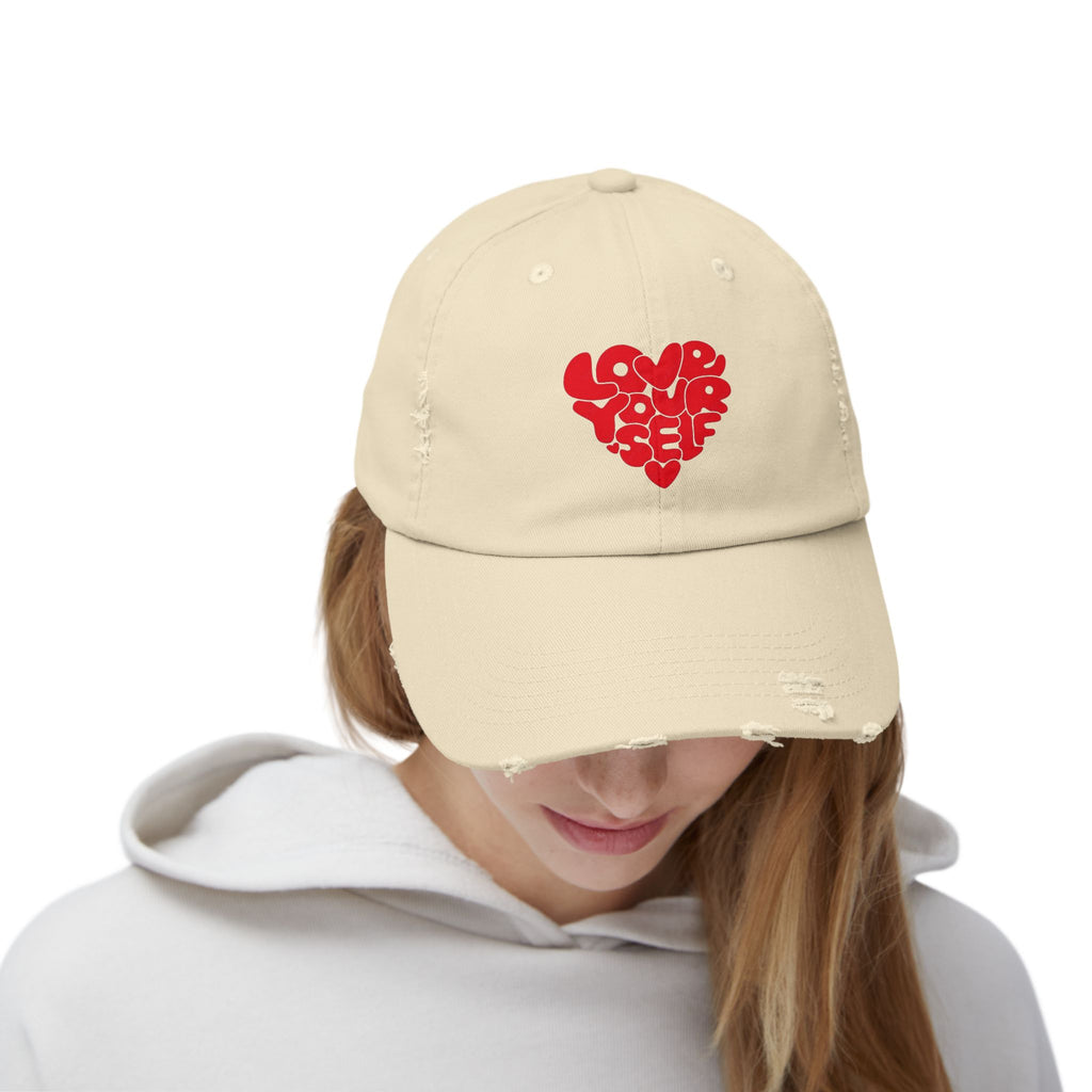 Unisex Distressed Cap with 'Love Yourself' Heart Design, Trendy Hat for Self-Care Lovers, Perfect for Casual Outings, Great Gift for [...]
