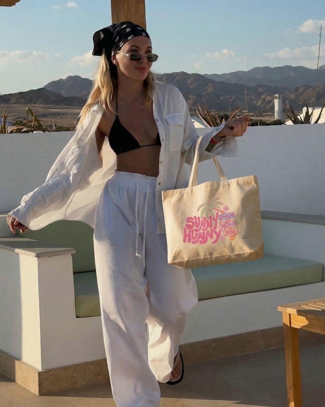 'Sunny Hunny' Yaz Temalı Plaj ve Alışveriş Çantası - El Yapımı %100 Pamuk