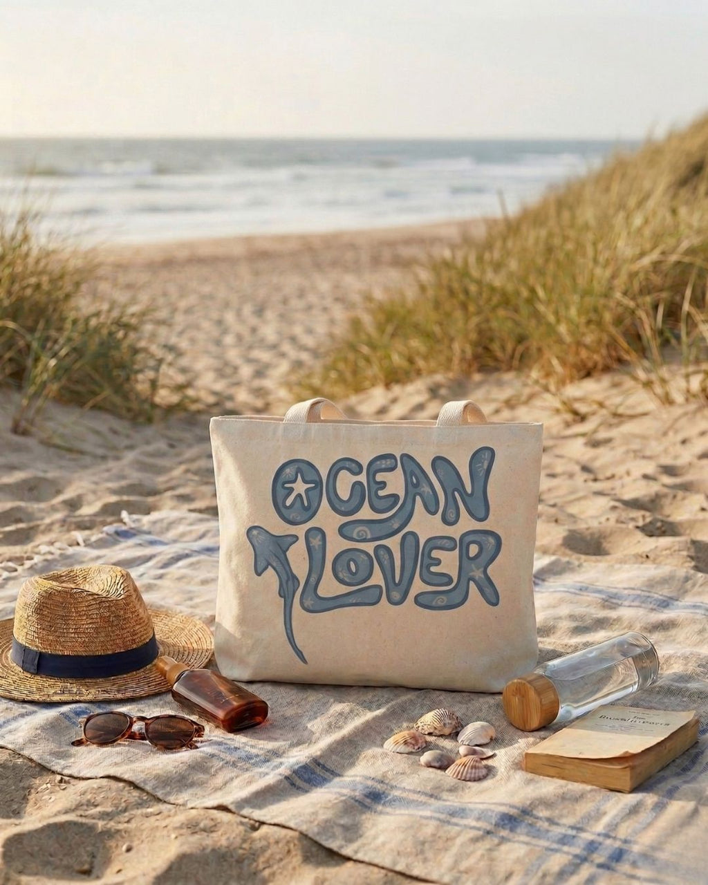 Ocean Lover Tasarımlı Hambez Omuz Çantası - Geniş İç Hacimli Günlük Bez Çanta (47x36x8 cm)