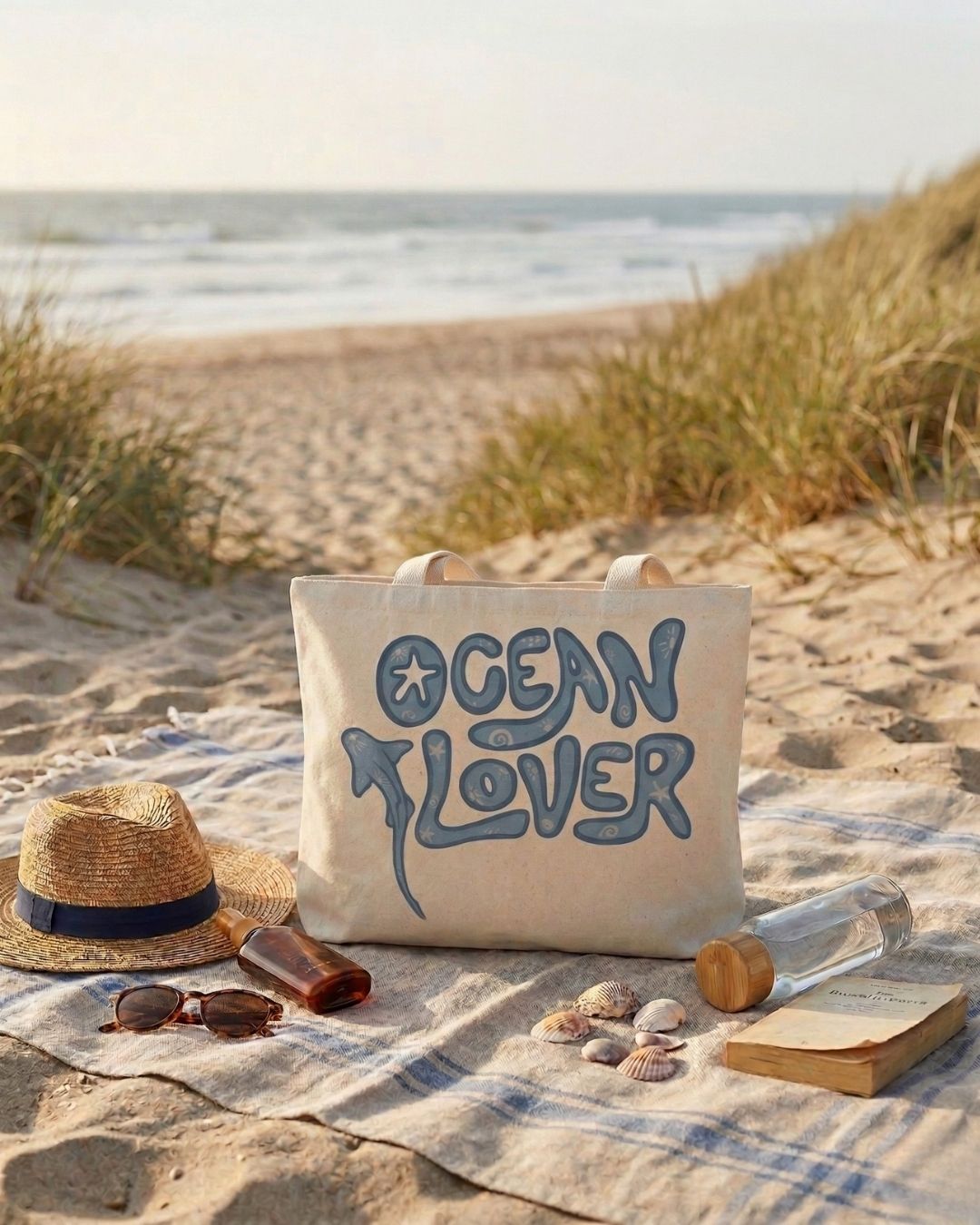 Ocean Lover Tasarımlı Hambez Omuz Çantası - Geniş İç Hacimli Günlük Bez Çanta (47x36x8 cm)