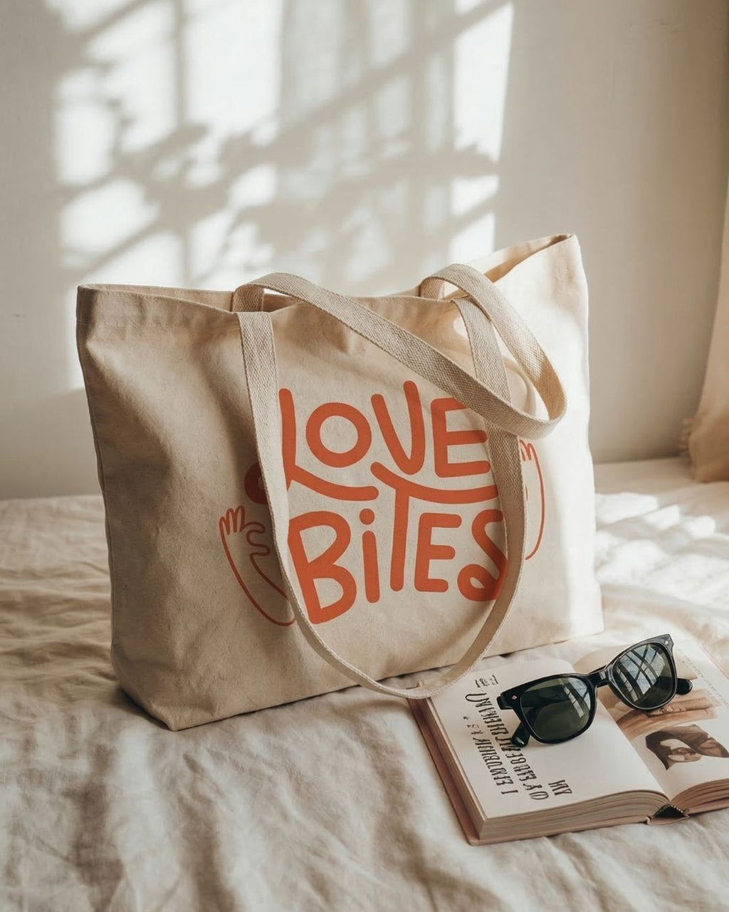 Vadi Loom Love Bites Baskılı Hambez Omuz Çantası - 47x36x8 cm Körüklü Bez Çanta