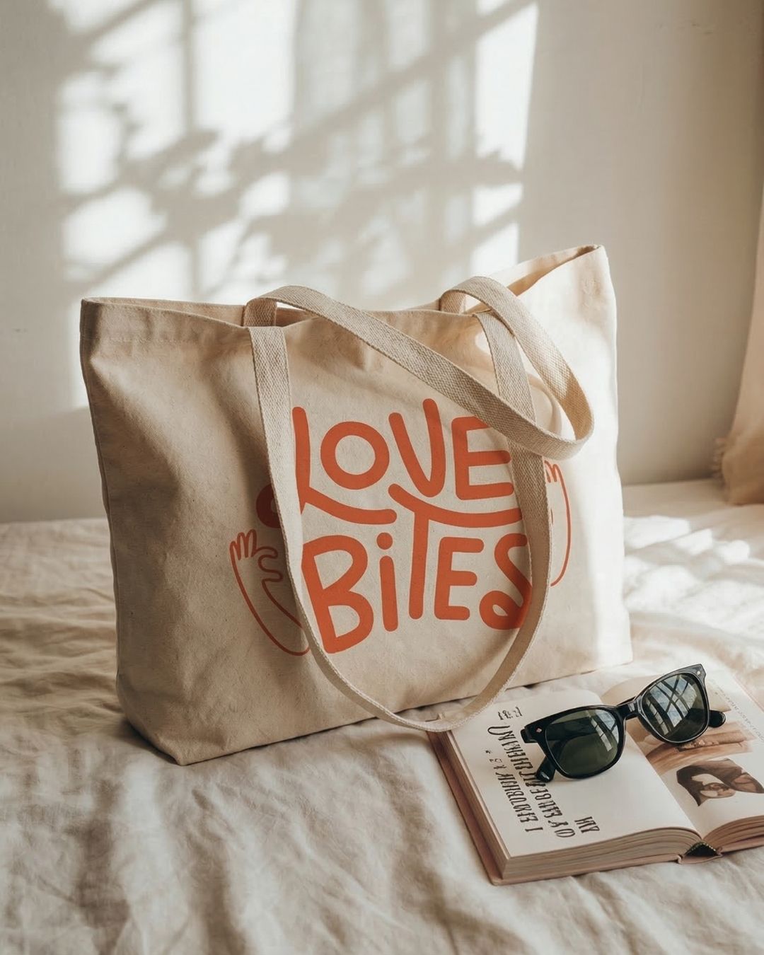 Vadi Loom Love Bites Baskılı Hambez Omuz Çantası - 47x36x8 cm Körüklü Bez Çanta