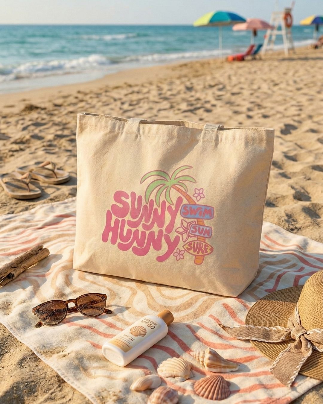 'Sunny Hunny' Yaz Temalı Plaj ve Alışveriş Çantası - El Yapımı %100 Pamuk