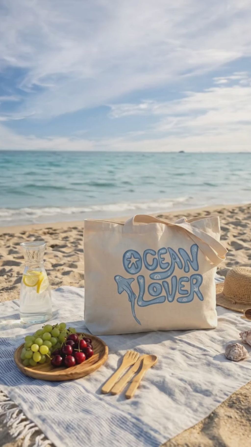 Ocean Lover Tasarımlı Hambez Omuz Çantası - Geniş İç Hacimli Günlük Bez Çanta (47x36x8 cm)