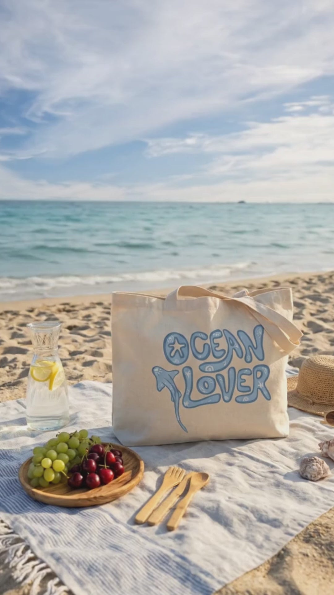 Ocean Lover Tasarımlı Hambez Omuz Çantası - Geniş İç Hacimli Günlük Bez Çanta (47x36x8 cm)