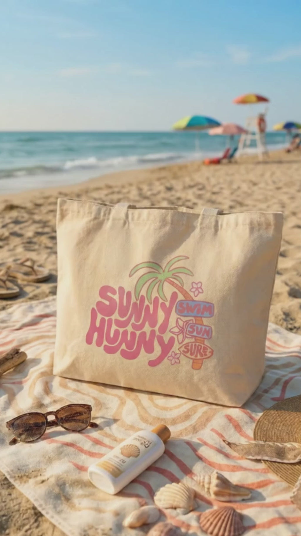 'Sunny Hunny' Yaz Temalı Plaj ve Alışveriş Çantası - El Yapımı %100 Pamuk