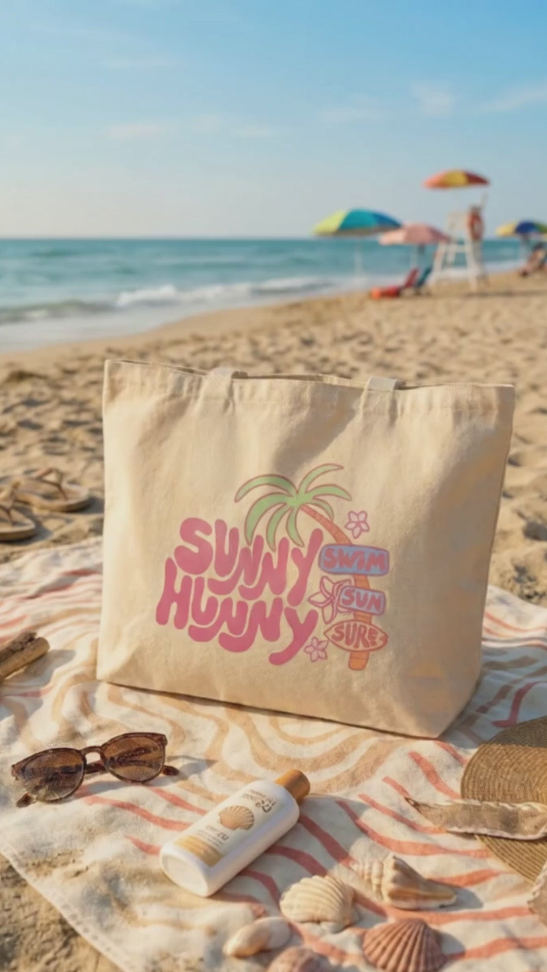 'Sunny Hunny' Yaz Temalı Plaj ve Alışveriş Çantası - El Yapımı %100 Pamuk