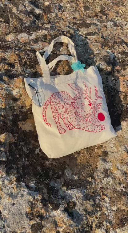 Tropikal Esintili Leopar Figürlü Kırmızı Serigrafi Baskılı Körüklü Bez Çanta