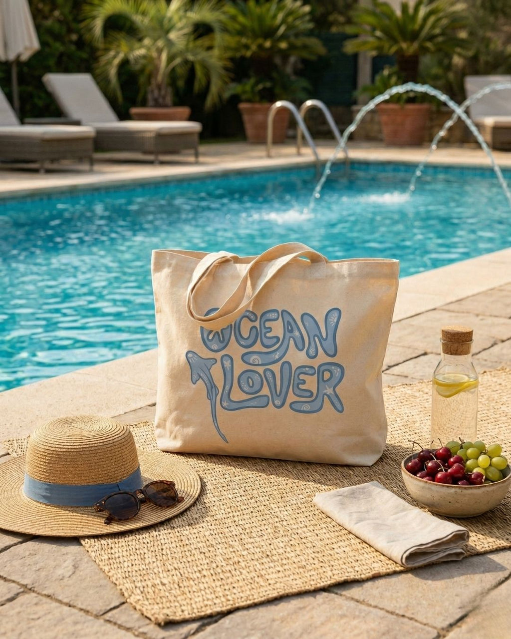 Ocean Lover Tasarımlı Hambez Omuz Çantası - Geniş İç Hacimli Günlük Bez Çanta (47x36x8 cm)