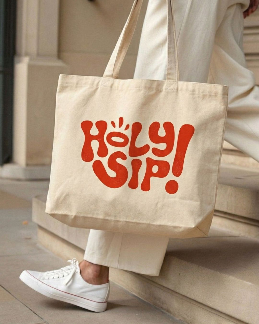 Holy Sip Baskılı Hambez Bez Çanta - Körüklü Omuz Çantası 47x36 cm