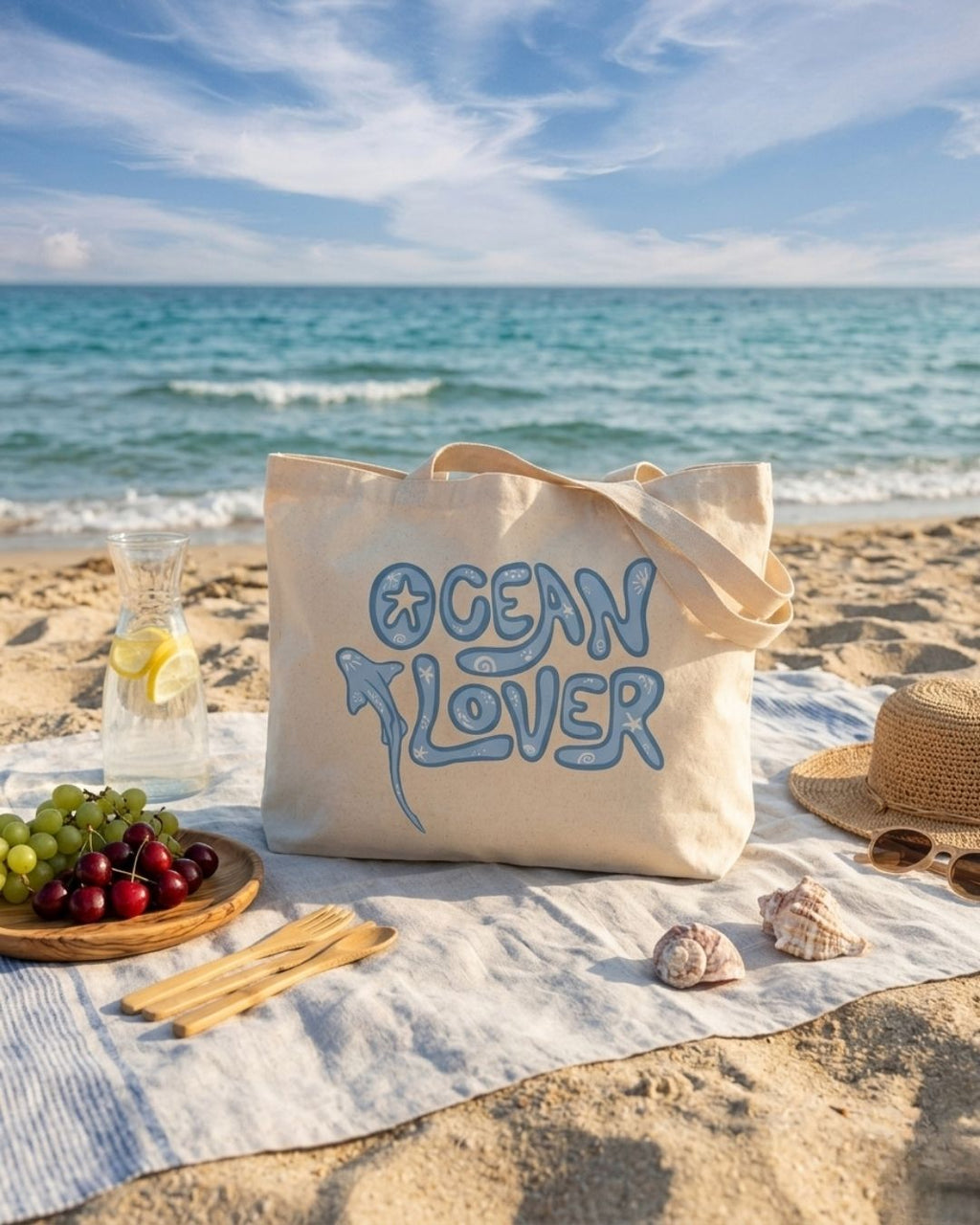 Ocean Lover Tasarımlı Hambez Omuz Çantası - Geniş İç Hacimli Günlük Bez Çanta (47x36x8 cm)